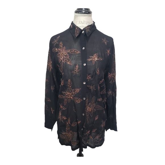 Chico’s Design Black Semi Sheer Embroidered Beaded Flowers Button Down Blouse - Picture 1 of 8